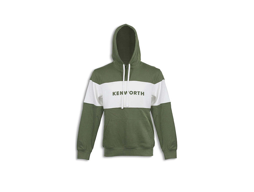 The KENWORTH TWO TONE OLIVE/WHITE HOODIE features a colorblock design, front pocket, white drawstrings, and KENWORTH printed on a white stripe—ideal for everyday comfort.