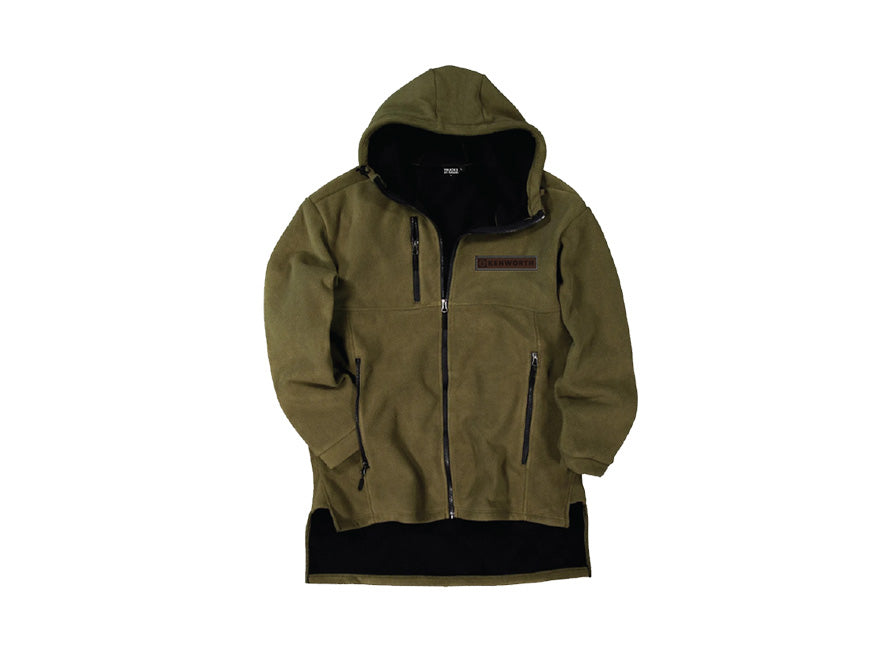 The FULL ZIP LONG SLEEVE BUSH SHIRT is an olive green hooded jacket with black zip pockets and a rectangular Kenworth patch on the chest, shown on a white background.