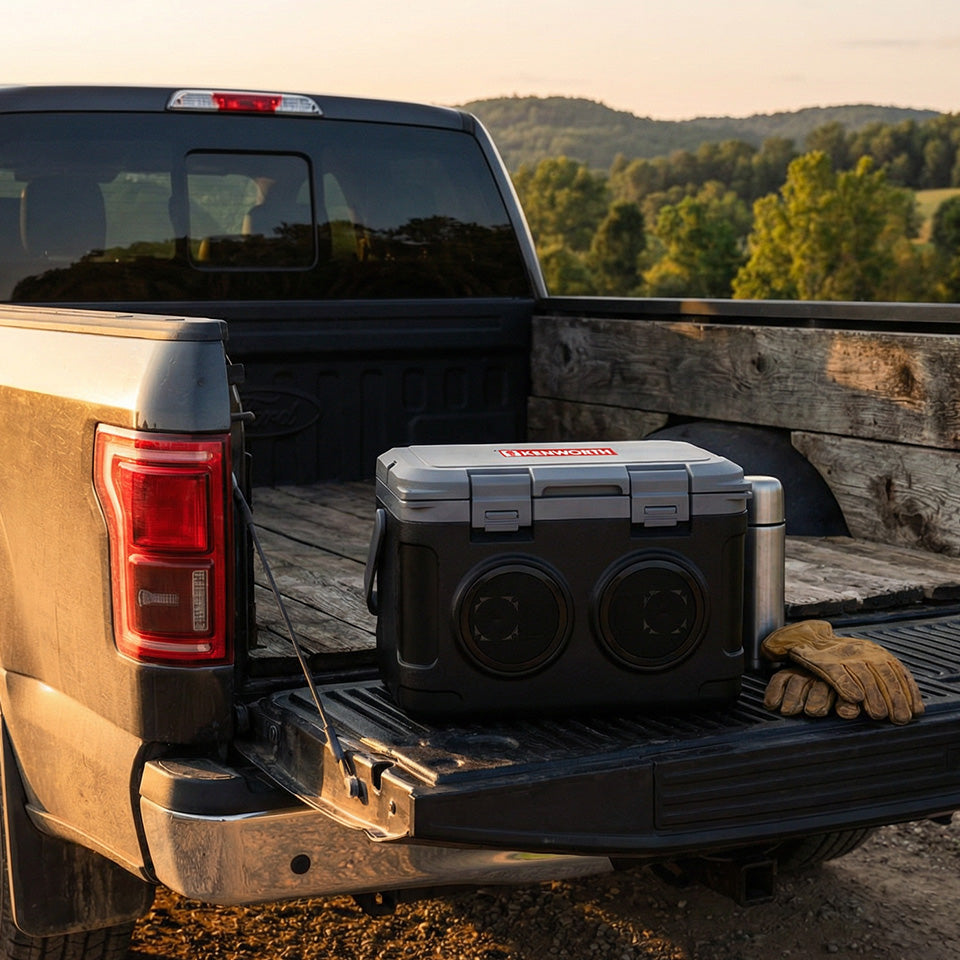 A Kenworth Cooler x Bluetooth Speaker sits on the open tailgate of a pickup truck parked outdoors, with green trees and hills in the background at sunset.