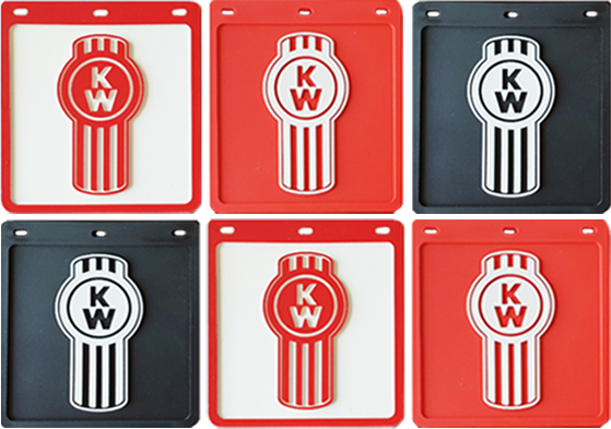 The COASTER KW MUDFLAP SET(6pk) includes six square plates: three red with white KW logo, two black with white logo, and one red with black logo—ideal as durable Kenworth coasters or mudflap-style truck fan decor.