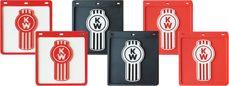 The COASTER KW MUDFLAP SET(6pk) includes six durable coasters in black, red, and white, each with the Kenworth truck logo featuring vertical stripes and a central circular emblem—a bold set for fans.
