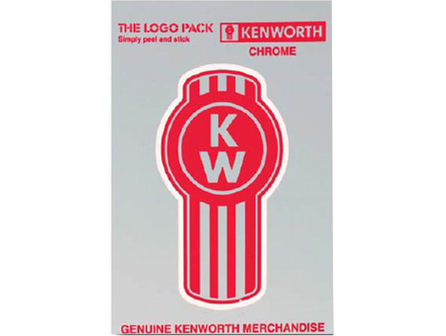 The DECAL BUG LOGO CHROME is a red and white Kenworth Bug Logo sticker with THE LOGO PACK, KENWORTH CHROME, and GENUINE KENWORTH MERCHANDISE text on gray—an ideal automotive decal for Kenworth fans.