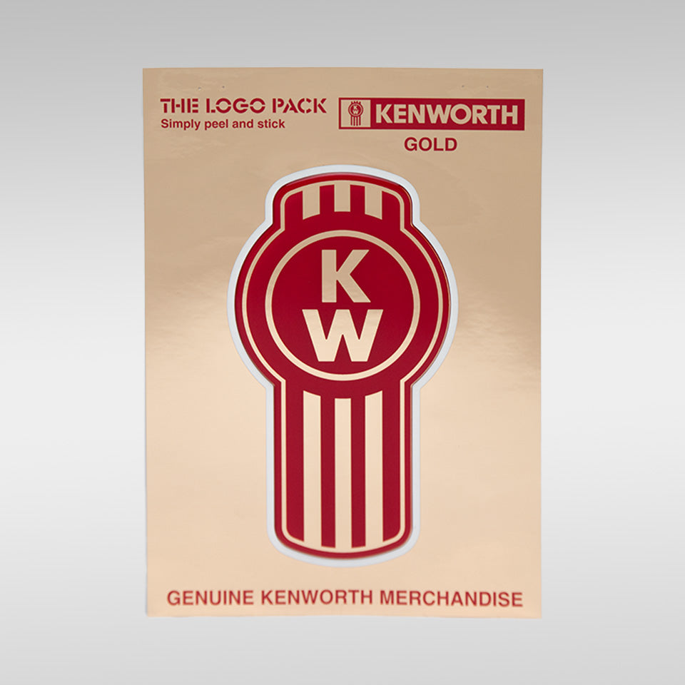 The DECAL BUG GOLD pack includes gold truck stickers with the red and white Kenworth logo (KW in center). Features "THE LOGO PACK" and "KENWORTH GOLD BUG" text. Bottom reads "GENUINE KENWORTH MERCHANDISE." Perfect for trucking fans.