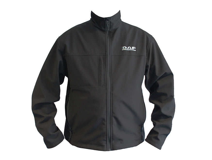 The JACKET DAF BLACK is a versatile zip-up with a high collar, white chest logo, side pockets, and chest pocket—ideal for everyday wear and shown on a clean white background.