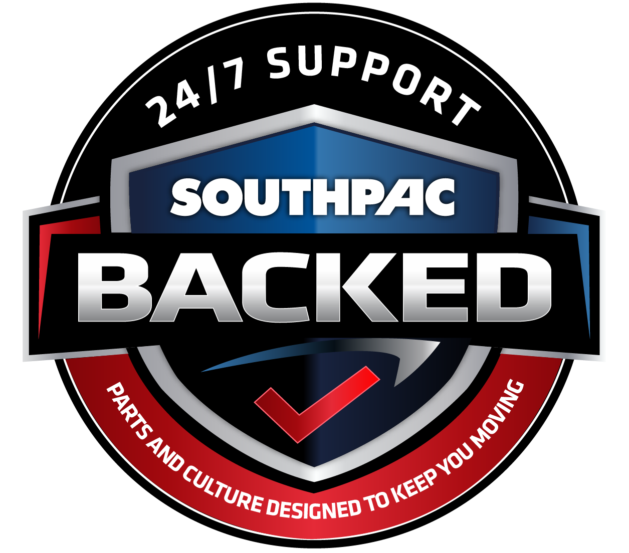 A circular badge featuring a shield with the text 24/7 Support at the top, SOUTHPAC BACKED in the center, and Parts and culture designed to keep you moving on a red band at the bottom.