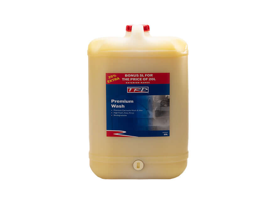 A 25L plastic container of TRUCK WASH PREMIUM TRP with a red and blue label, bonus offer, and bottom dispensing tap. The yellowish liquid ensures a high-gloss finish every wash.