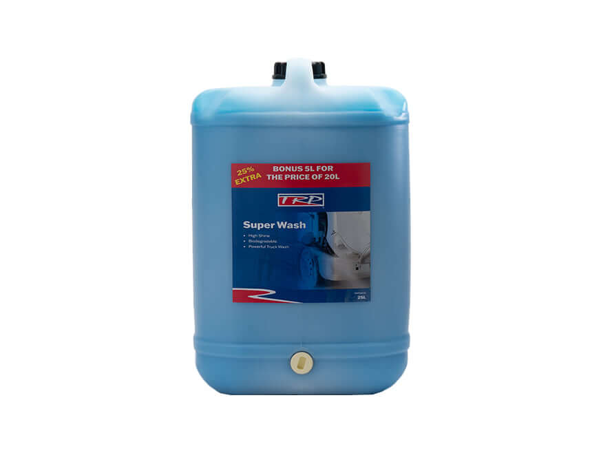 A large blue 25-liter plastic container labeled TRUCK WASH SUPER TRP 25LT, with a bottom tap and a red label showing BONUS 5L FOR THE PRICE OF 20L, highlights its heavy-duty vehicle wash concentrated formula.