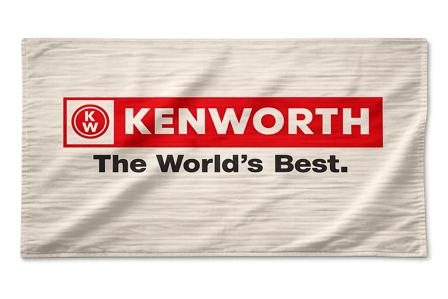 A beige flag with the Kenworth logo. The top features a red rectangle with KENWORTH in bold white letters and a circular KW logo. Below, black text reads TOWEL KW RAPID DRY, perfect for fans of high-performance Rapid Dry technology.