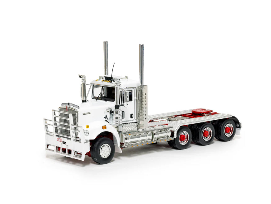 The MODEL C509 WHITE/RED TRI-DRV is a white Kenworth C509 scale model with chrome details, red accents, six wheels, twin exhaust pipes, and no trailer. Displayed against a white background.