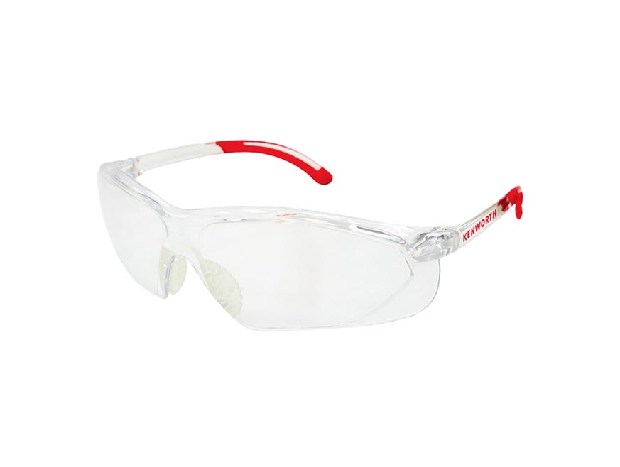 GLASSES SAFETY KW CLEAR LENS offers reliable eye protection with high-performance clear lenses and lightweight frames featuring partially red temples.
