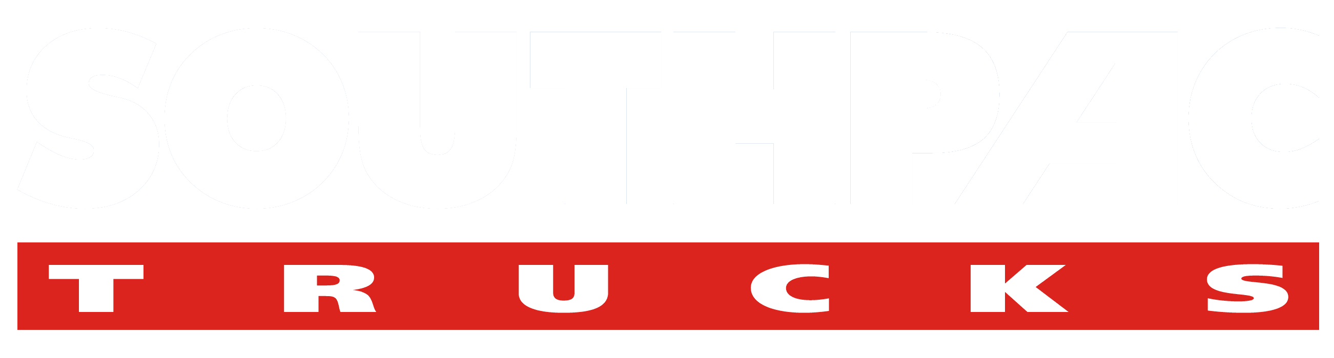 Logo with the word SOUTHPAC in large, white, semi-transparent letters above a solid red rectangle containing the word TRUCKS in bold, white, uppercase letters.