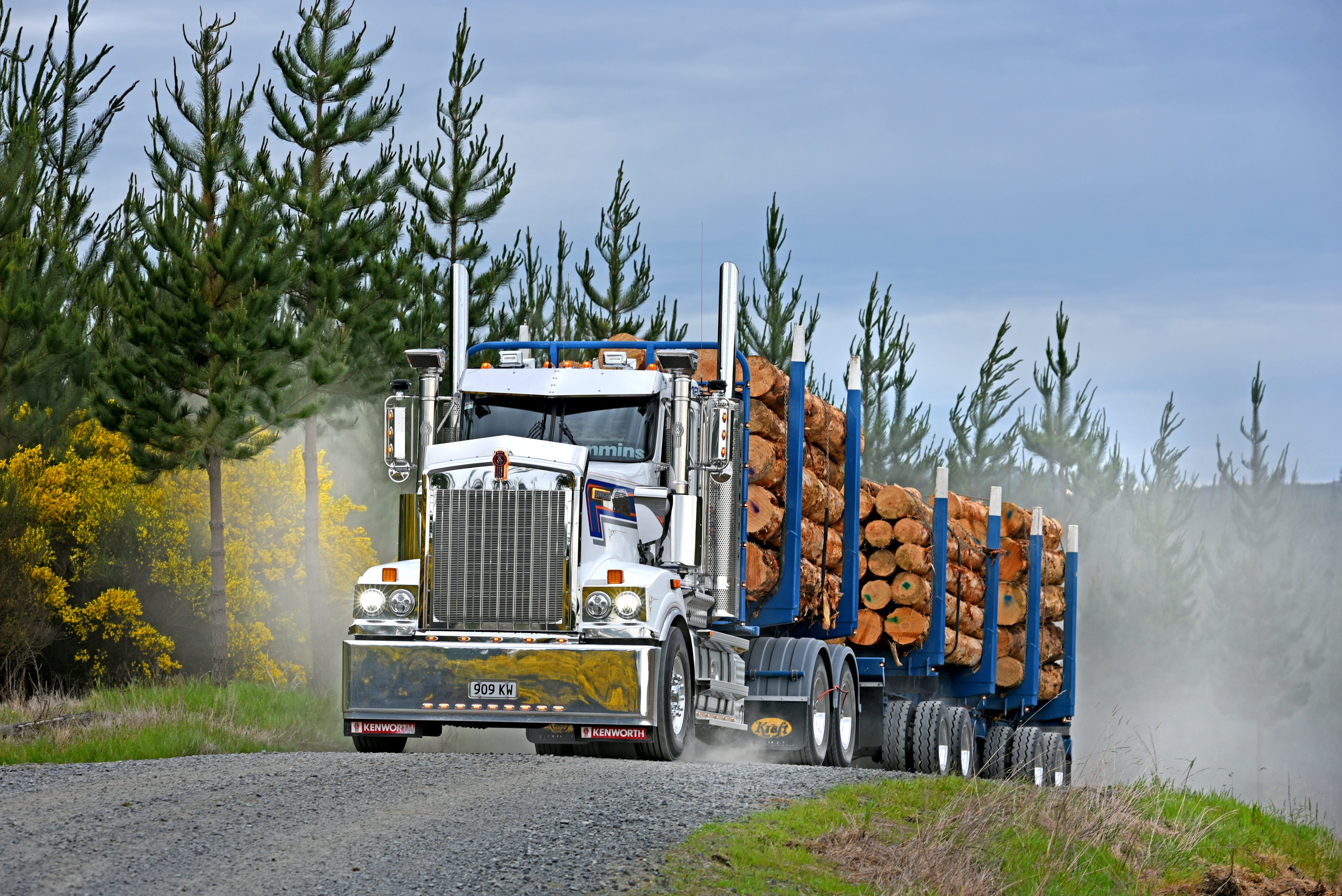 Featured truck merchandise NZ on a Kenworth logging truck driving through a scenic landscape.
