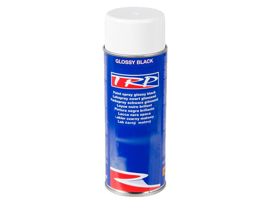 A blue can of TRP Gloss Black Spray with a white cap and multilingual text about its high-gloss finish is displayed on a white background.