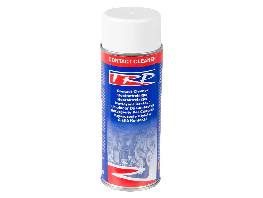TRP Contact Cleaner comes in a can with a white cap and a blue and red label featuring multilingual product information—perfect for enhancing electrical connectivity in electronics.