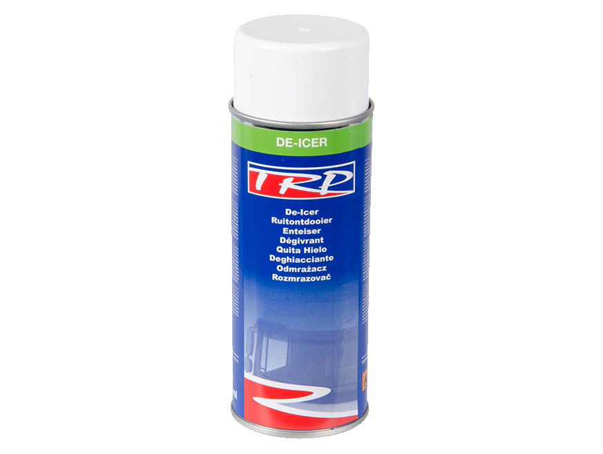 A can of TRP De-icer features a white cap, blue and green label, and multilingual text noting it quickly melts ice and is safe for glass.