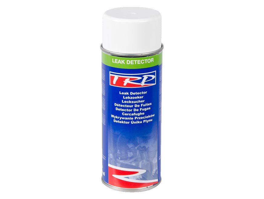 A can of TRP Leak Detector with a white cap and blue, green, and red label—showcasing the product name in several languages—is perfect for detecting gas leaks in compressed air systems.
