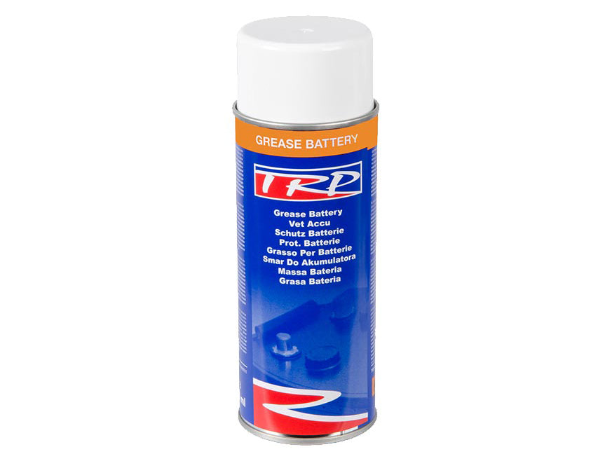 A blue and orange spray can labeled TRP Battery Grease, designed for battery terminals, with multilingual descriptions and a white cap, offers essential corrosion protection.