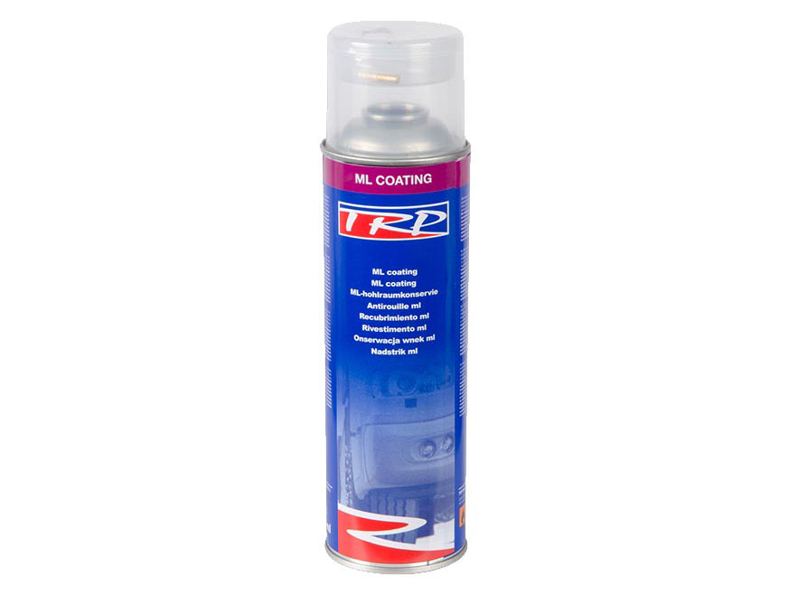 A tall spray can labeled “TRP ML Coating” features a blue and red design, clear plastic cap, and multilingual front description—perfect for rust prevention—shown standing upright against a white background.