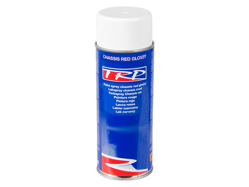 A blue spray can with a white cap labeled TRP Red Gloss paint, featuring quick-drying acrylic spray and gloss finish text in multiple languages, designed for automotive chassis painting.