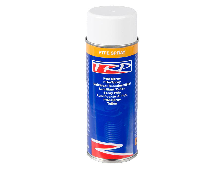 A blue and orange aerosol can labeled TRP PTFE Spray with a white cap features multilingual text and the TRP logo. This high-pressure spray lubricates and penetrates parts for optimal performance.