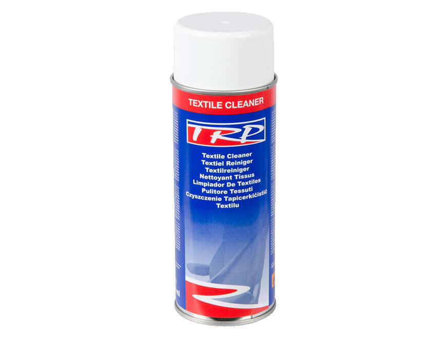 A cylindrical aerosol can with a white cap and a blue-red label displaying the TRP brand and "Textile Cleaner" in multiple languages, designed for cleaning upholstery and textiles.