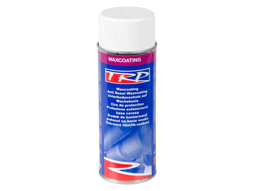 A can of TRP Wax Underbody Coating with a white cap and blue, purple, and red label in multiple languages; provides an elastic finish, ideal for underbody protection.