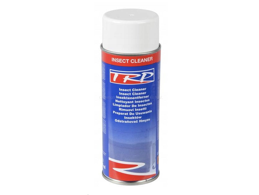 A tall cylindrical can of TRP Insect Cleaner features a white cap and blue-red multilingual label. This insect remover is safe for paint and ensures a streak-free finish.