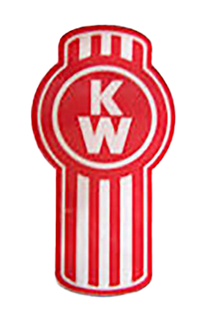 KENWORTH Bug Sticker Large: Red and white circular logo with K and W letters, vertical stripes below, and a rounded top. Durable, weather-resistant decal—perfect for vehicles.