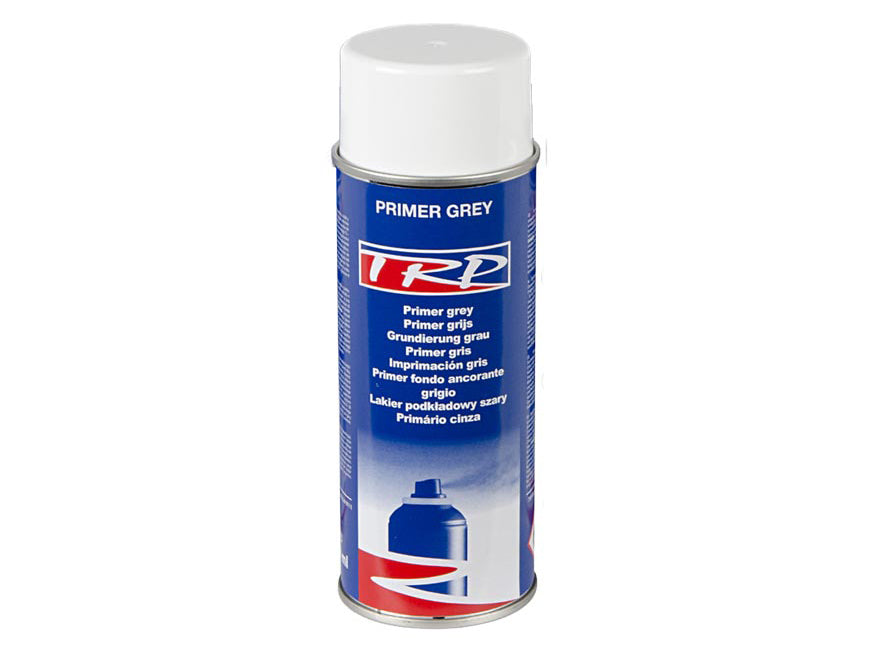 A blue and white 400ml spray can labeled PAINT GREY PRIMER, designed as a corrosion-resistant metal surface primer. It features multilingual text, a spray can illustration near the bottom, a white cap, and a red accent at the base.