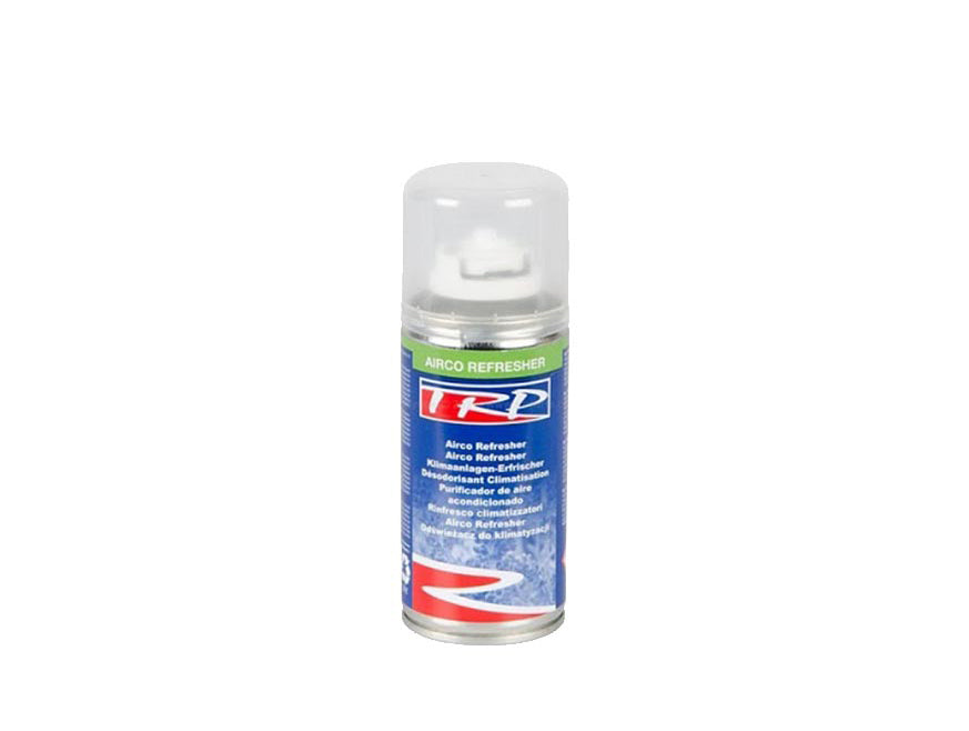 A small spray can labeled REFRESHER AIR CON, featuring a blue, red, and white design with a translucent cap, used to neutralize odours or refresh your air conditioning system.