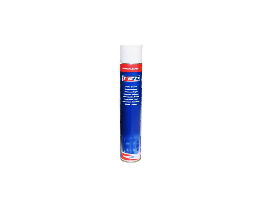 A tall aerosol can of BRAKE CLEAN TRP 750ML stands upright on a plain white background, featuring a white cap, blue label with red accents and the TRP logo. This powerful spray is designed for effective grease removal.