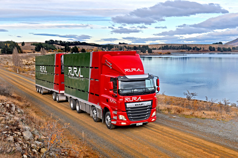 A large red DAF truck with two green trailers, both marked RURAL, drives along a gravel road beside a calm lake with trees and hills in the background under a cloudy sky.
