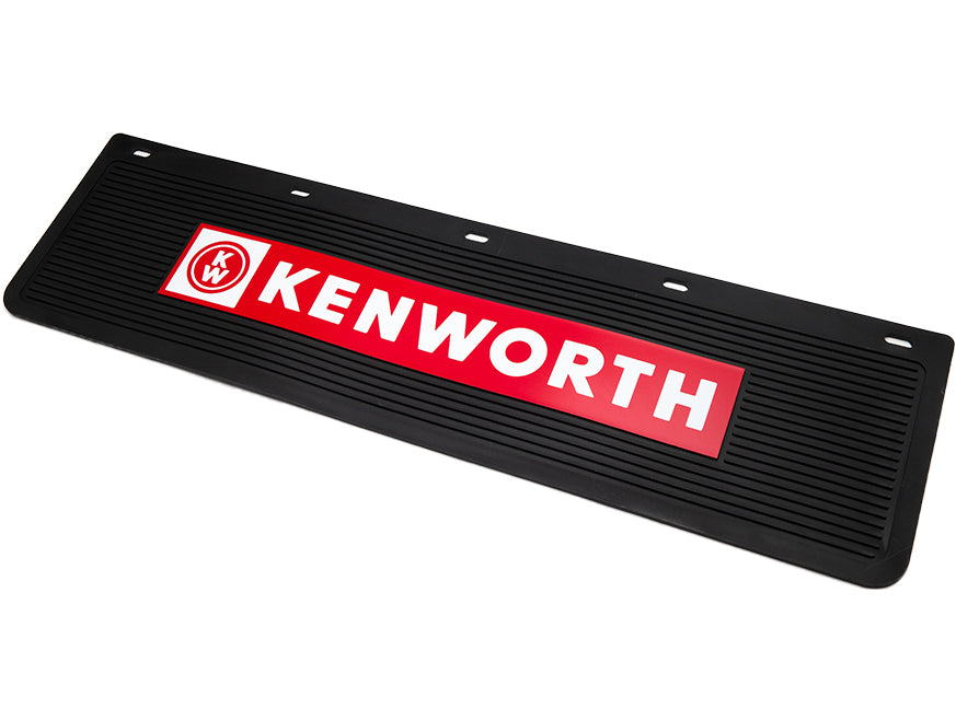 The BAR MAT KW RUBBER is a black rectangular rubber bar mat featuring a bold red and white KENWORTH logo in the center—perfect for protecting your home bar or countertop.