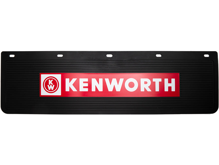 The BAR MAT KW RUBBER is a black rectangular rubber bar mat featuring a red and white KENWORTH logo and KW emblem. It doubles as a truck mudflap and has holes along the top for easy mounting, ideal for home bars or garages.