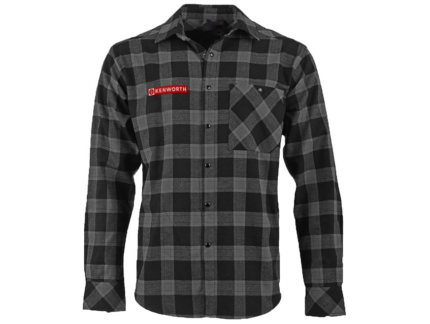 The SHIRT WINTER FLANNO BLK/GREY is a black and gray checkered long sleeve flannel with a front pocket and red Kenworth logo on the left chest, buttoned up and laid flat against a white background.