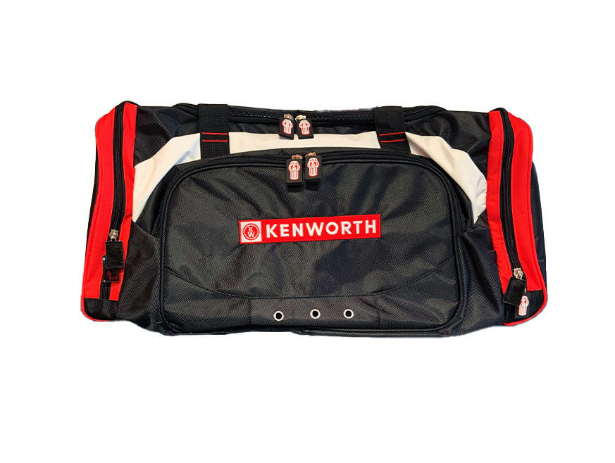 The BAG KW SPORTS is a 57L black Kenworth sports bag with red and white accents, KENWORTH logo on the front pocket, multiple zippered compartments, and sturdy top handles—perfect for travel.