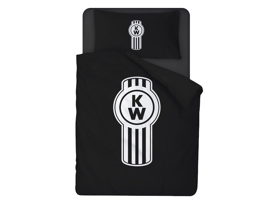 The DUVET COVER SET KING SINGLE is black with a large white and gray circular K and W logo on both the 100% cotton pillowcase and King Single duvet cover.