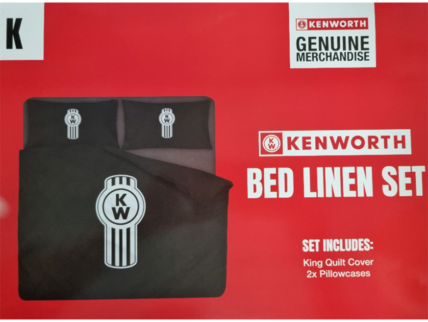 A DUVET COVER SET KING package displays a black modern duvet cover and two pillowcases with the Kenworth logo, set against a red background with white text detailing the premium cotton bedding contents.