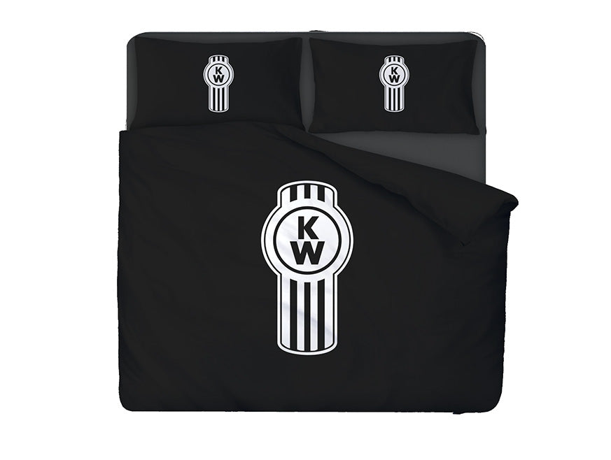The DUVET COVER SET KING features premium cotton, a modern duvet cover with a bold white Kenworth emblem and vertical stripes, plus two matching pillowcases with smaller emblems for a sleek, coordinated look.