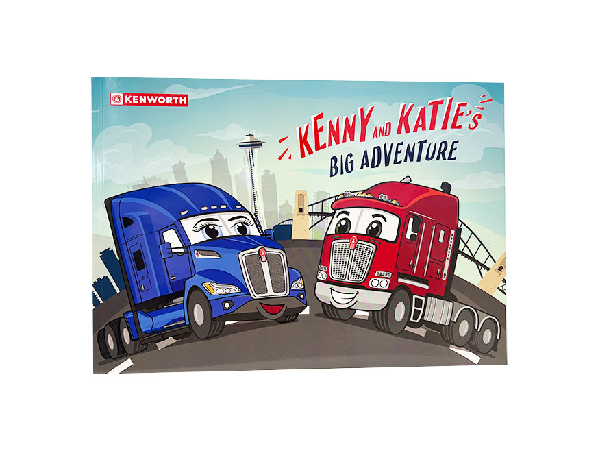 BOOK KENNY & KATIE'S ADVENTURE features a colorful cover with two smiling cartoon semi-trucks, one blue and one red, against a city skyline. Ideal for young readers and Kenworth fans, with Kenworth logo and title on the top left.