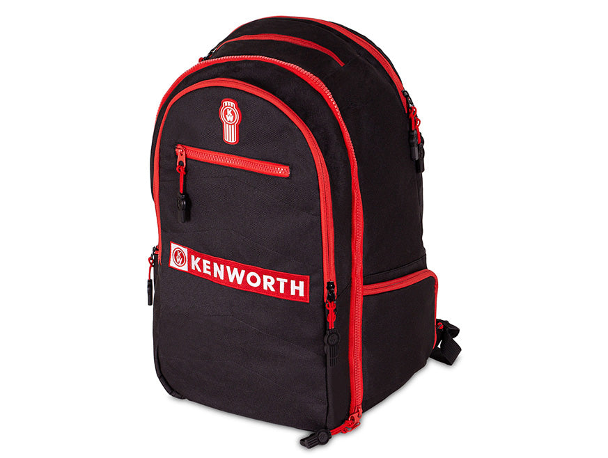 Stay prepared for daily adventures with the BACKPACK KW, featuring a black design, red zippers, multiple compartments for organization, and the white and red Kenworth logo on the front pocket. Shown against a white background.