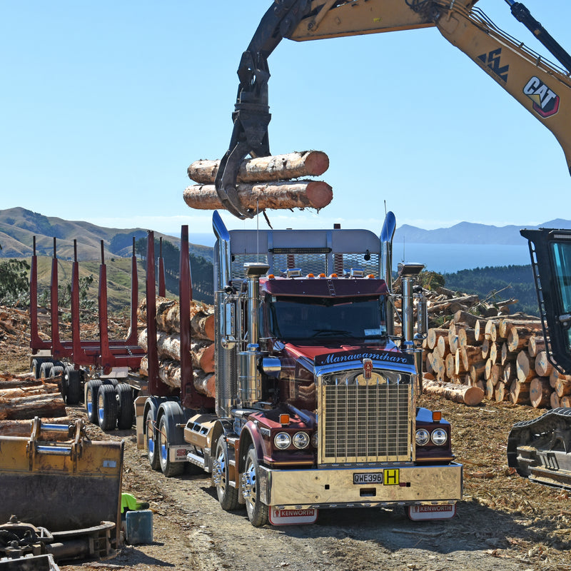 A logging truck is being loaded with cut logs by an excavator on a worksite, with piles of logs and hilly terrain in the background under a clear sky.