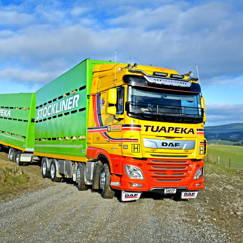 A bright yellow and red DAF truck labeled TUAPEKA hauls a large green trailer with STOCKLINER branding, parked on a gravel road in a rural area with grassy fields and distant hills.