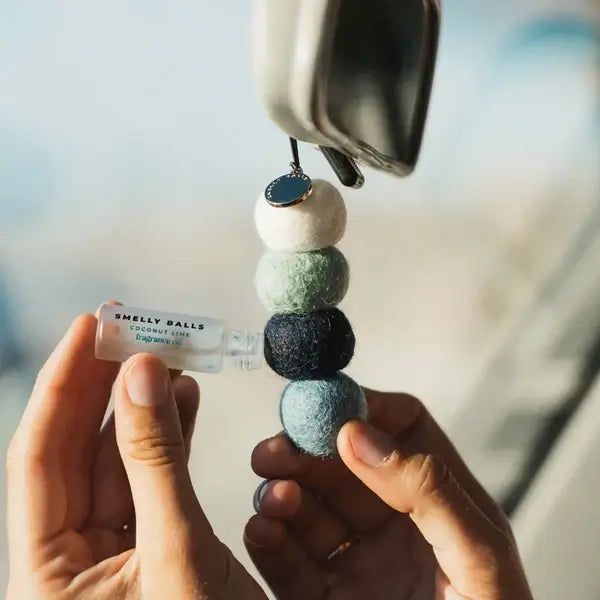 Coconut Lime refill bottle beside a Smelly Balls air freshener held in hand