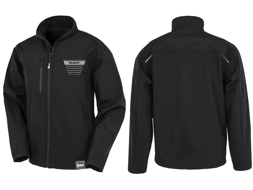 The JACKET DAF GRILLE is a black softshell jacket made from recycled polyester, shown from front and back, featuring a zippered chest pocket, full front zipper, and the DAF grille logo with horizontal lines for sustainability.