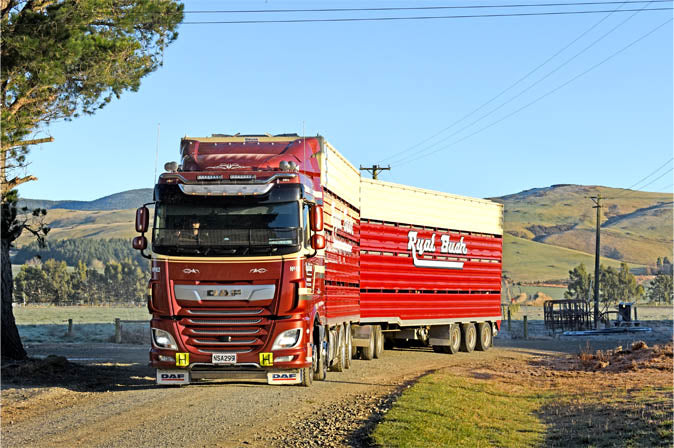 A large red semi-truck with Ryal Bush written on the side drives on a gravel road through a rural landscape with hills and trees in the background.