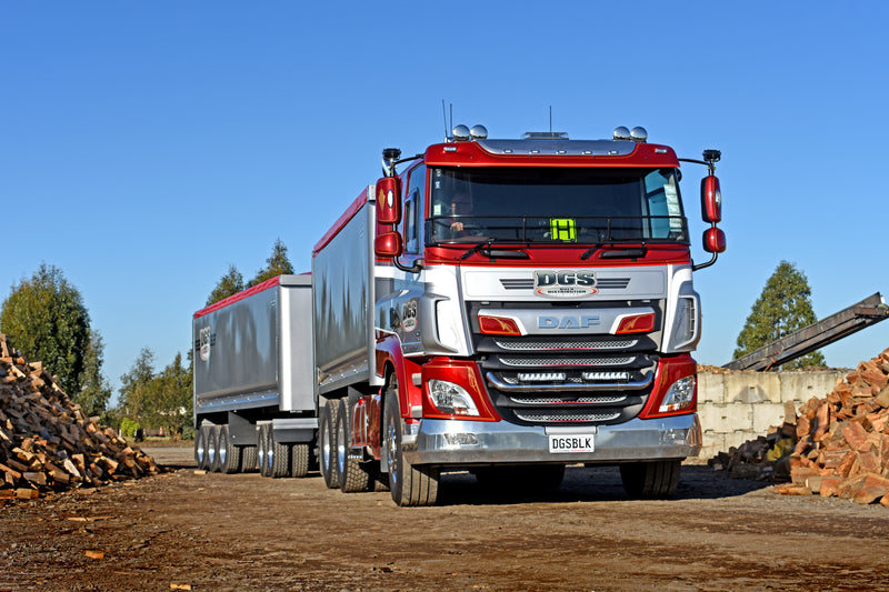 A large red and white DAF truck with a trailer is parked on a dirt ground between stacks of bricks and logs, under a clear blue sky. Trees are visible in the background.