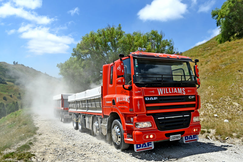 A red DAF Williams truck with a trailer drives on a dusty gravel road through a rural, hilly landscape under a blue sky with some clouds.