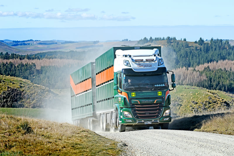 A large green and white livestock truck drives down a dusty gravel road through a rural landscape with rolling hills and scattered trees under a blue sky.