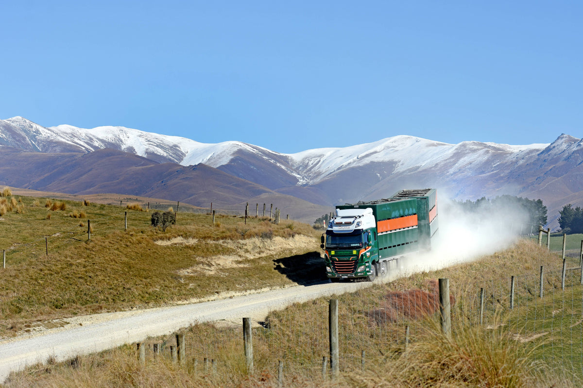 A large truck drives down a dusty gravel road in a rural landscape, with rolling hills and snow-capped mountains in the background under a clear blue sky.